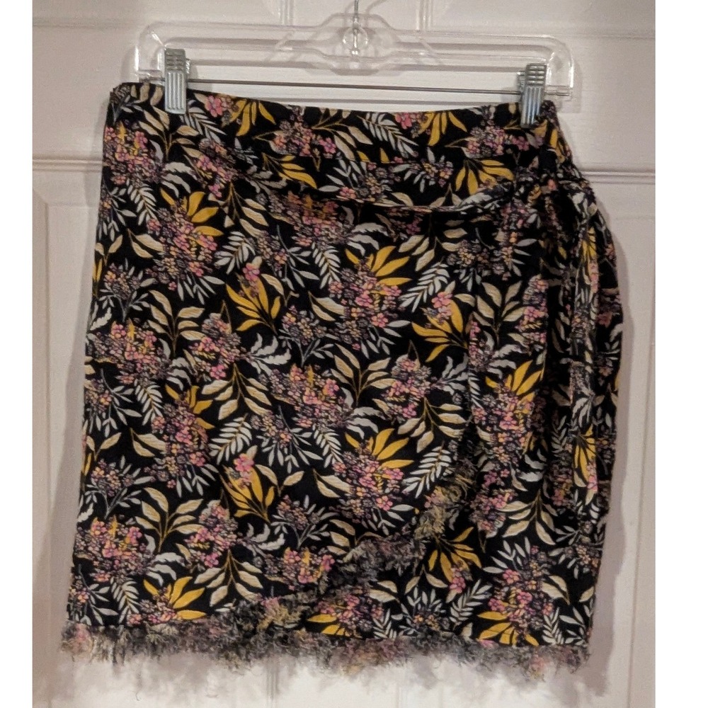 Natural Life Floral Wrap‎ Skirt XL Black Pink Yellow Frayed Hem Boho Mini Skirt